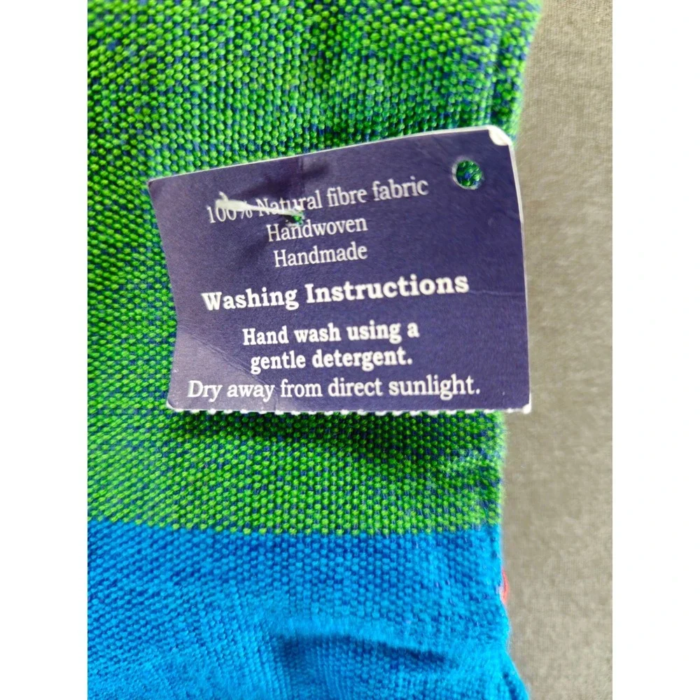 Barefoot Ceylon Handwoven Knot Bag Blue Green Striped Natural Fiber Handmade NWT